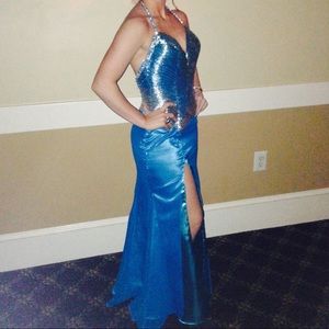 Beautiful Blue Halter Top, Open Back Prom Dress
